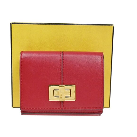 FENDI Logo Peekaboo Compact Trifold Wallet Purse Leather Red GHW Italy - Picture 1 of 16